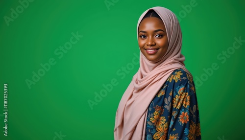 Portrait of a Smiling Young African Muslim Woman Wearing a Floral Dress and a Light Pink Hijab Against a Vibrant Green Background