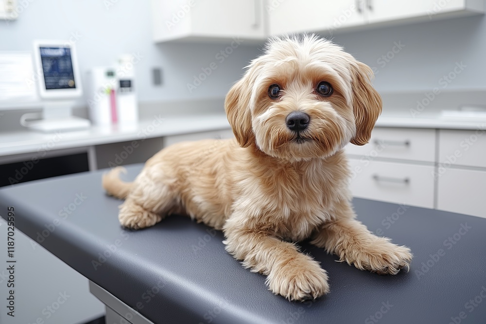 A cute dog lies comfortably on the examination table in the animal hospital interior, waiting for treatment in a warm environment focused on veterinary medicine. A cute dog lies comfortably on the examination table in the animal hospital interior, waiting for treatment in a warm environment focused on veterinary medicine.