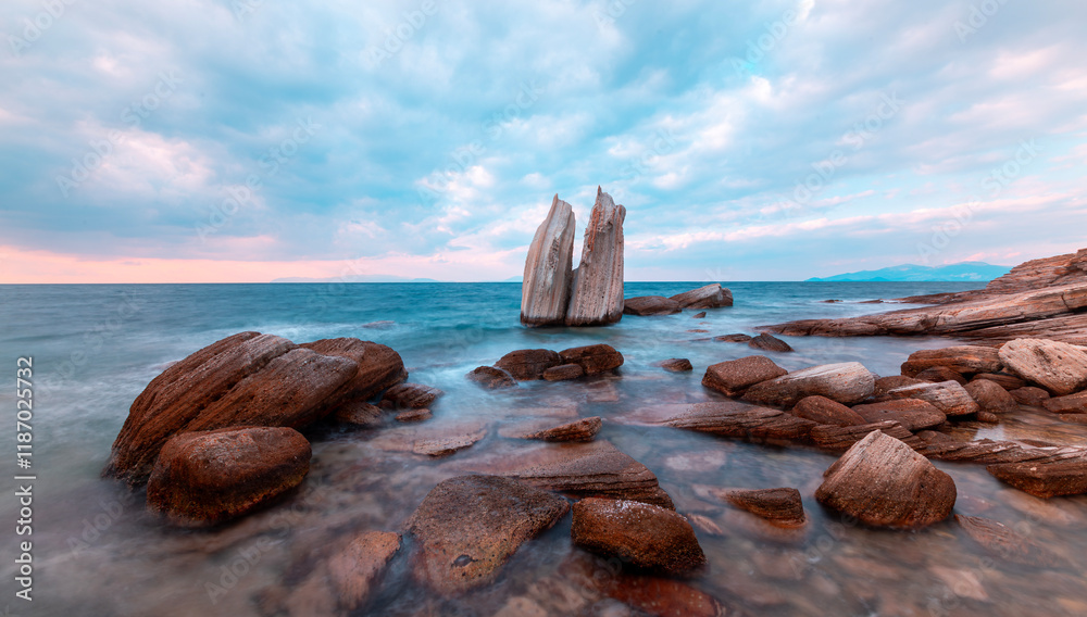 Long exposure photograph in the field of sail rocks in Foca district of Izmir province.