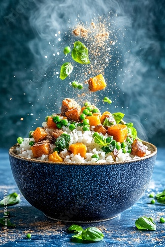 Deliciosa mezcla de arroz con guisantes y calabaza en un tazón, decorada con hierbas frescas y un toque de especias photo