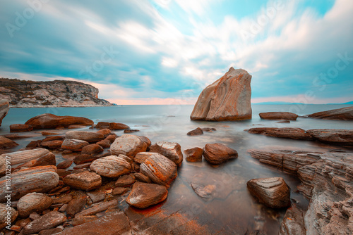 Obraz na płótnie Long exposure photograph in the field of sail rocks in Foca district of Izmir province. w salonie