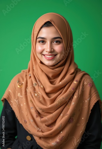 Portrait of a Smiling Young Muslim Woman Wearing a Beautifully Embroidered Light Brown Hijab Against a Vibrant Green Background