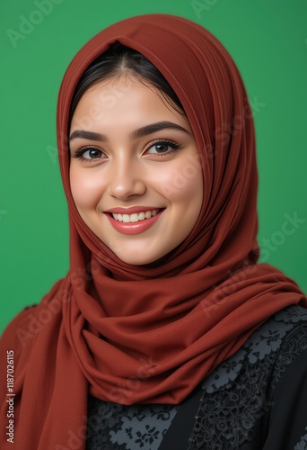 Portrait of a Smiling Young Muslim Woman Wearing a Rust-Colored Hijab Against a Green Background: A Study in Elegance and Faith