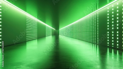 Glowing green hall with lights for tech background or presentations.