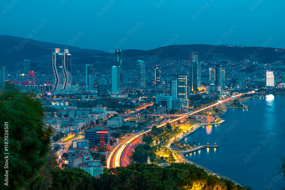 View of Izmir Bay in the evening from the high hill of Bayrakli. Long exposure, low light.