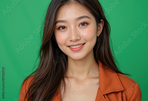Portrait of a Young Asian Woman with Long Brown Hair Smiling Against a Green Background: A Stunning Close-Up Studio Shot