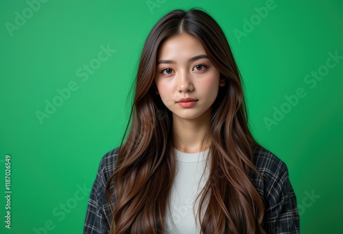Portrait of a Young Asian Woman with Long Brown Hair Against a Vibrant Green Background: A Stunning Studio Shot Showcasing Natural Beauty and Calm Demeanor
