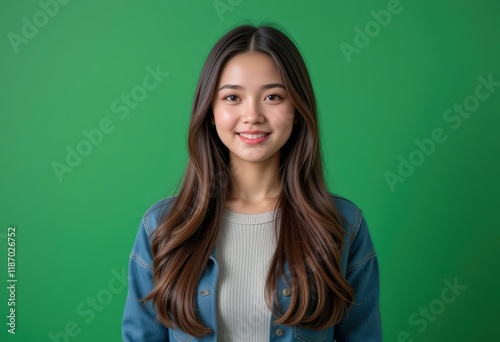 Portrait of a Smiling Young Asian Woman Against a Vibrant Green Background: A Study in Happiness and Youthful Radiance