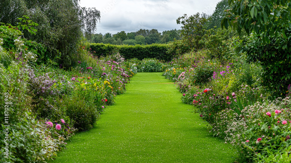 Obraz premium A lush green garden adorned with dew-covered grass and vibrant blooming flowers, creating a serene and refreshing landscape that invites tranquility and appreciation of nature’s beauty. 