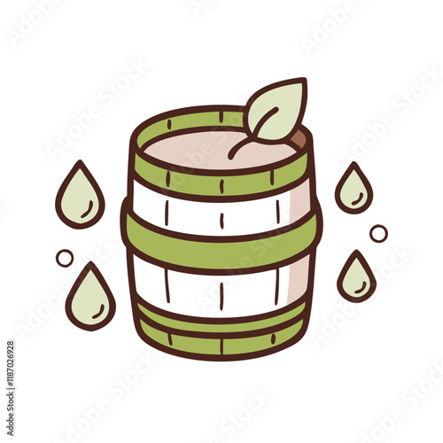 Eco-friendly rain barrel icon with water drops and leaf
