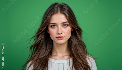 Stunning Portrait of a Young Woman with Long Brown Hair Against a Vibrant Green Background: A Captivating Image Showcasing Natural Beauty and Elegance