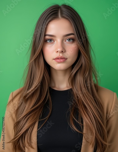 Portrait of a Young Woman with Long Brown Hair Against a Green Background: A Stunning Display of Beauty and Elegance