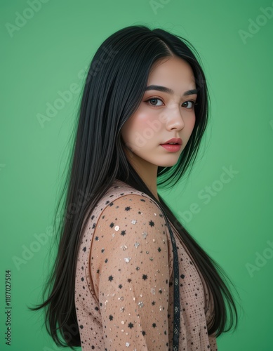 Stunning Portrait of a Young Asian Woman with Long Black Hair, Wearing a Sparkling Beige Top Against a Vibrant Green Background: A Captivating Studio Shot
