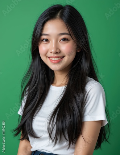 Portrait of a Smiling Young Asian Woman with Long Black Hair Against a Green Background: A Studio Shot Emphasizing Natural Beauty and Youthful Radiance photo