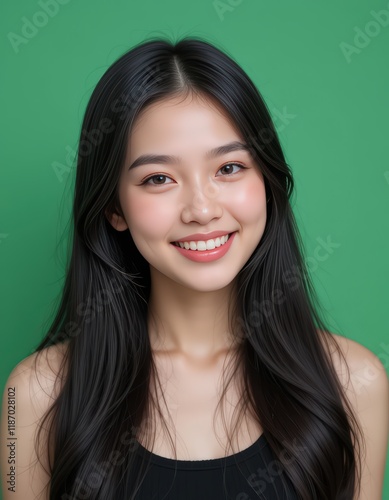 Portrait of a Smiling Young Asian Woman with Long Black Hair Against a Green Background: A Captivating Image of Youthful Beauty and Radiant Happiness