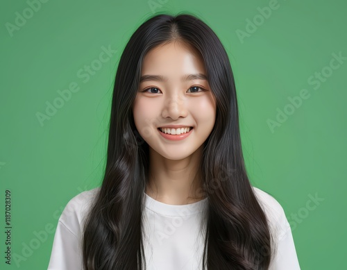 Portrait of a Smiling Young Asian Woman with Long Black Hair Against a Vibrant Green Background: A Studio Shot Emphasizing Youthful Radiance and Positive Energy