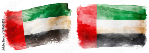 Watercolor flag design, UAE national colors, artistic representation, vibrant brush strokes, cultural symbolism.