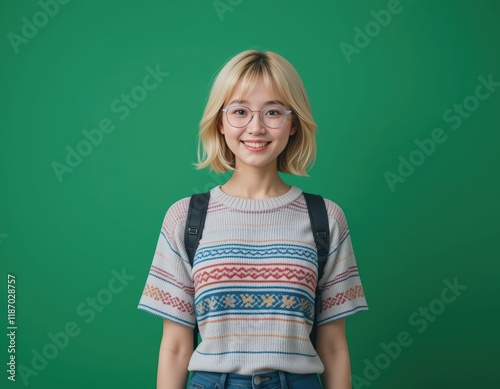 Portrait of a Smiling Young Asian Woman Student with Backpack Against a Green Background, Happy and Confident Female College Student Wearing Glasses and a Stylish Sweater