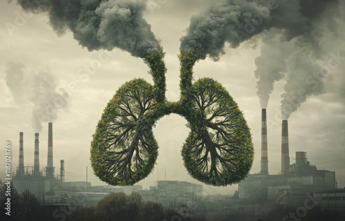 This artwork shows the stark contrast between industrial pollution and nature, featuring tree-shaped lungs against smoke-emitting factories, emphasizing environmental issues.