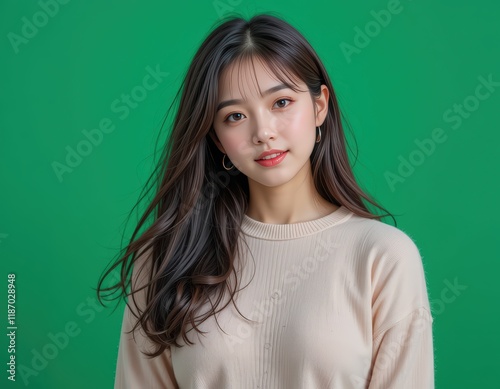 A Stunning Portrait of a Young Asian Woman with Long Brown Hair, Wearing a Beige Sweater Against a Vibrant Green Background: Captivating Beauty and Elegance in a Studio Photograph
