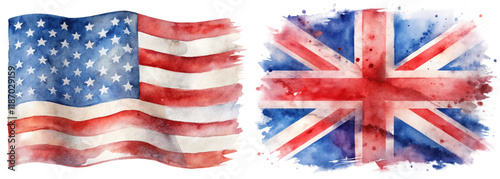 Watercolor flags, American flag, British flag, patriotic art, vibrant colors, artistic representation, cultural symbols.