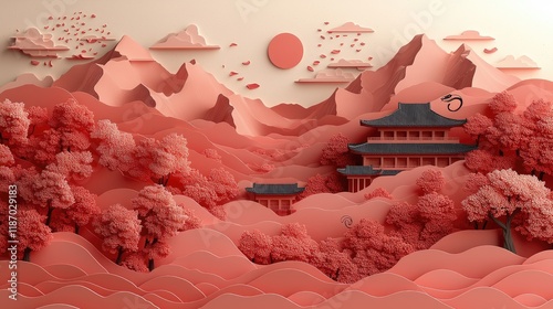 3D paper cut landscape with Asian temple, trees, mountains, sun, and clouds.