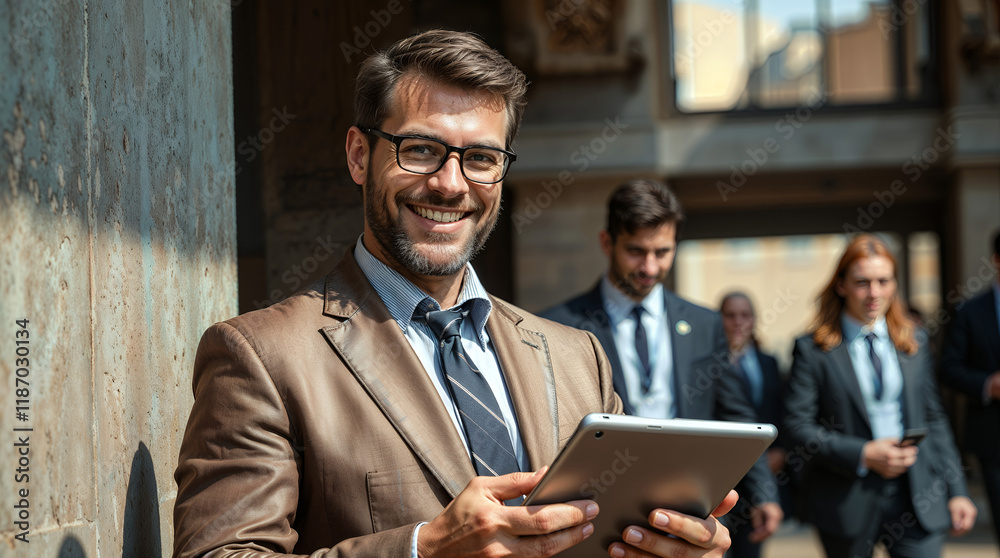 A man in a suit smiles while holding a tablet, with colleagues walking behind him A man in a suit smiles while holding a tablet, with colleagues walking behind him