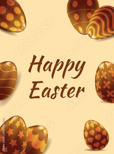 Cute Easter card with chocolate Easter eggs. Template for greeting cards, posters, holiday covers. Vector holiday illustration.