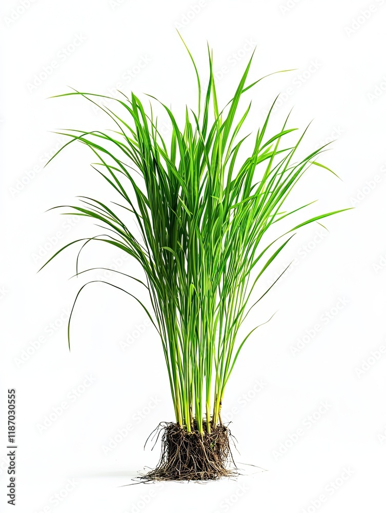 Lush green rice plant, roots visible, isolated on white; agriculture, farming, food production. Lush green rice plant, roots visible, isolated on white; agriculture, farming, food production.