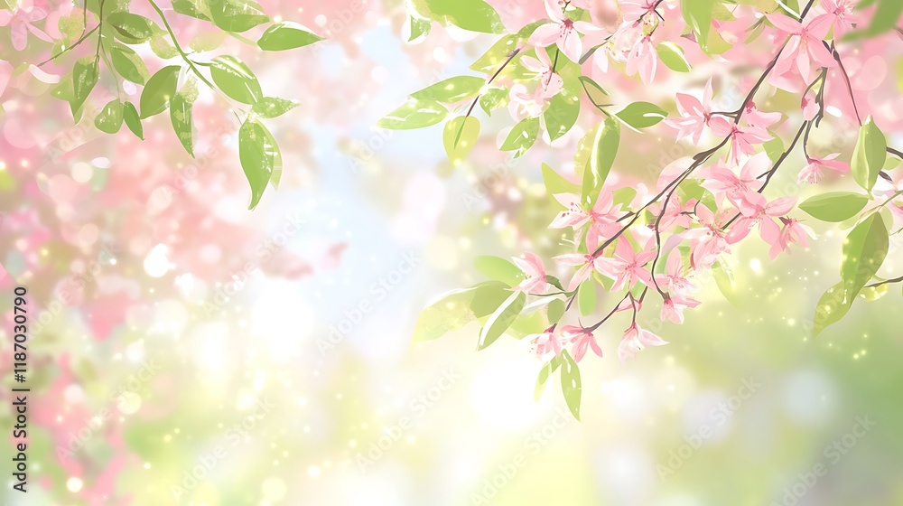 Delicate Pink Blossoms and Green Leaves in Spring Delicate Pink Blossoms and Green Leaves in Spring