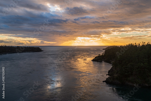 Beautiful sunset view from Deception Pass State Park, Washington, USA. photo