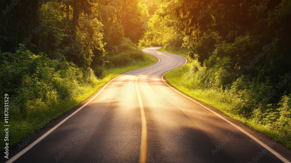Fototapeta premium Serene winding road through lush green forest.
