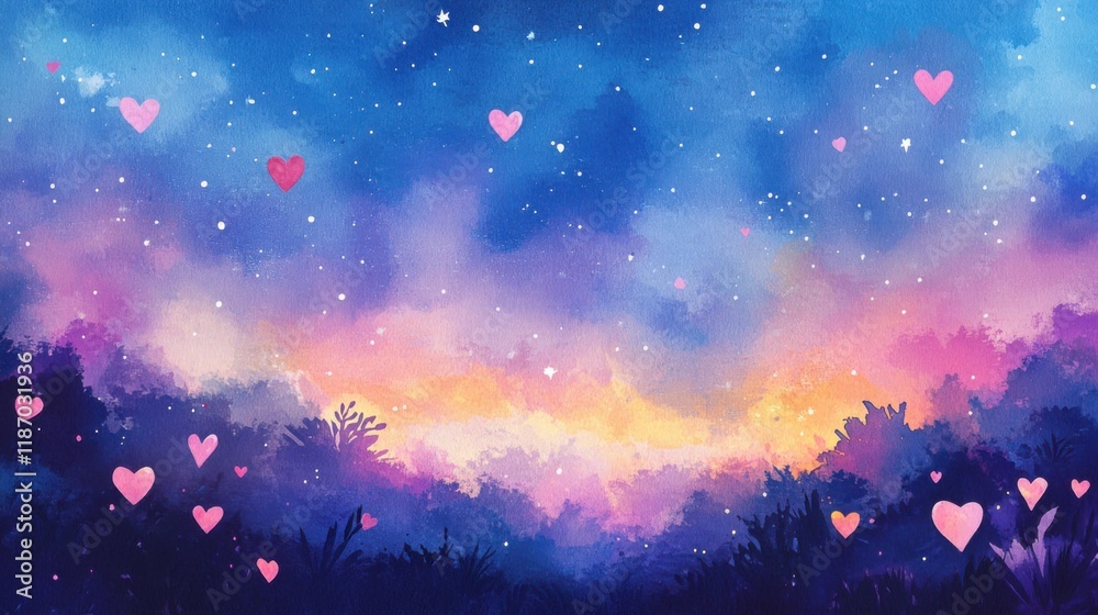 Romantic night sky with hearts dreamy landscape digital art vibrant colors enchanting view love concept Romantic night sky with hearts dreamy landscape digital art vibrant colors enchanting view love concept