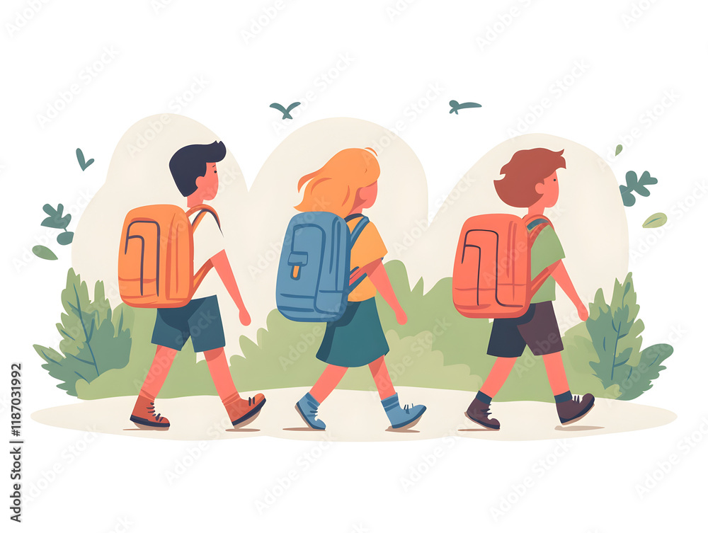 Children walking to school outdoor path illustration bright day side view Children walking to school outdoor path illustration bright day side view