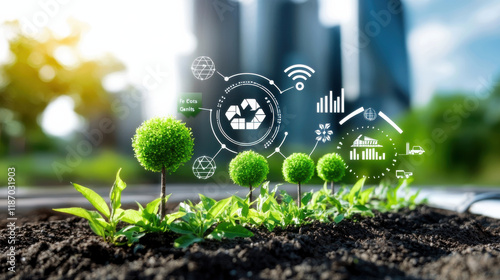 digital representation of green economy showcasing growth, sustainability, and technology. image features small plants with data graphics symbolizing eco friendly practices