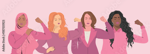 Womens Day 2025 in pink color. Accelerate Action. Women community showing biceps