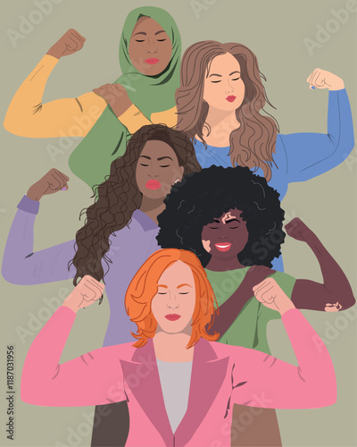 A group of beautiful women with different nationalities. Concept of woman, femininity, diversity, independence and equality. Women's History month. 