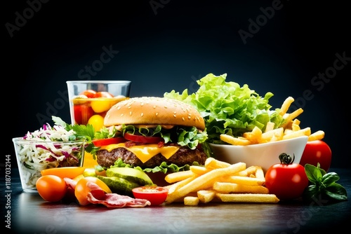 Deliciosa hamburguesa acompañada de papas fritas y ensalada en un entorno oscuro photo