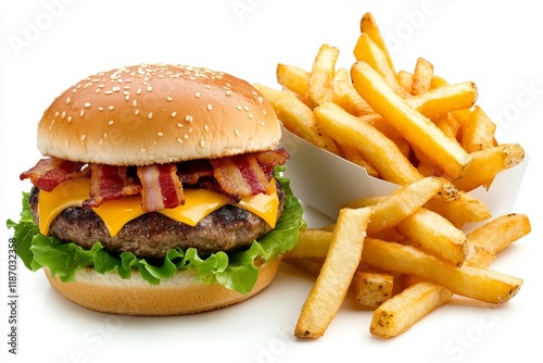 Deliciosa hamburguesa con tocino y queso acompañada de papas fritas crujientes