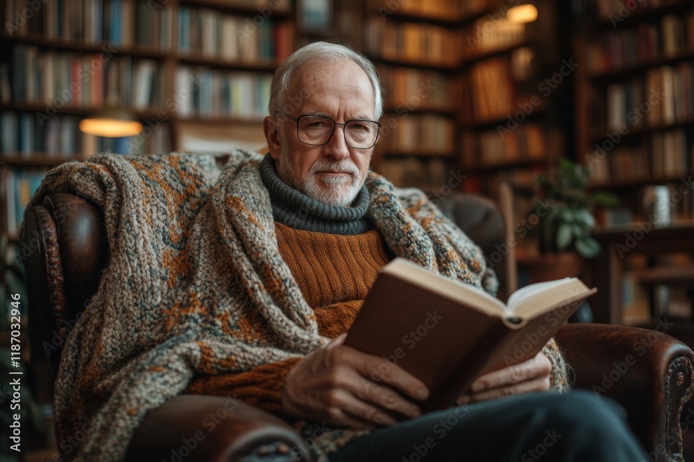 Elderly Man Reading in Cozy Library Armchair, Embracing Lifelong Learning and Tranquility Elderly Man Reading in Cozy Library Armchair, Embracing Lifelong Learning and Tranquility