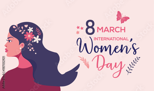  International women's day. banner, woman head illustration from side view happy women's day, can use for, landing page, template, web, mobile app, etc