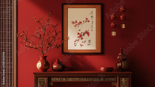Elegant red interior with Chinese wall art and decor accents