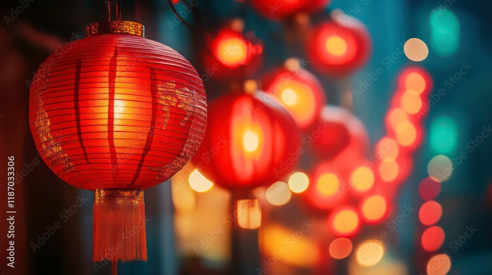 Red Chinese lanterns hanging in a row, glowing brightly against a blurry background Red Chinese lanterns hanging in a row, glowing brightly against a blurry background