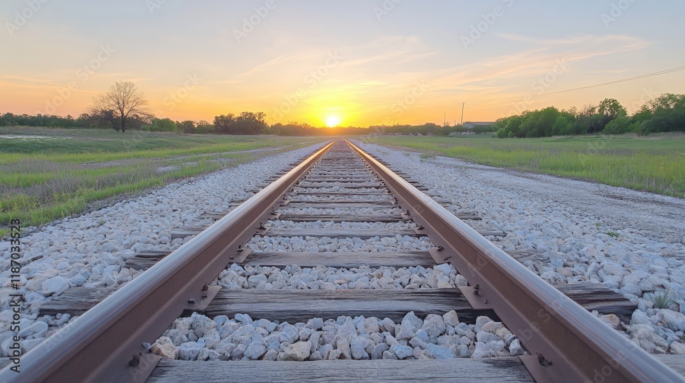 Fototapeta premium Sunset View Along a Rural Railroad Track Leading Towards a Golden Horizon