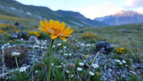 Single yellow wildflower in mountain meadow.