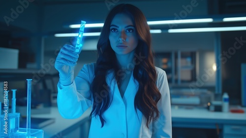 A woman in a white lab coat holding a test tube with a blue solution, standing in a greenhouse surrounded by flowering plants. Her smile and the greenery create an atmosphere of inspiration and scient photo