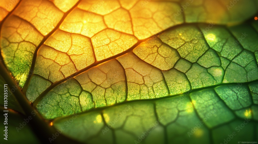 Fototapeta premium Illuminated Leaf Veins Displaying Intricate Cellular Structure