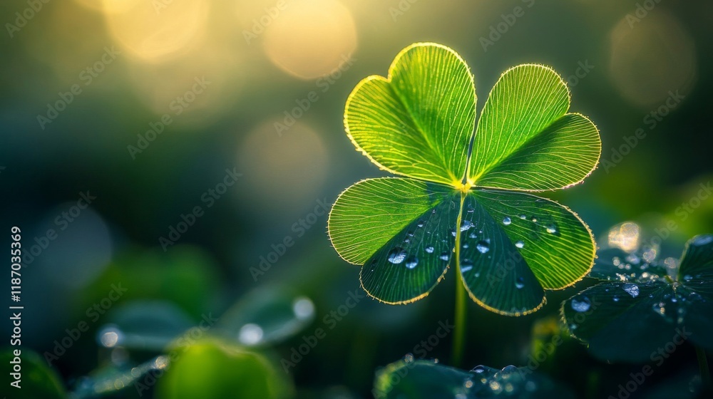 Naklejka premium A Single Shamrock Leaf Glistens In Morning Sunlight