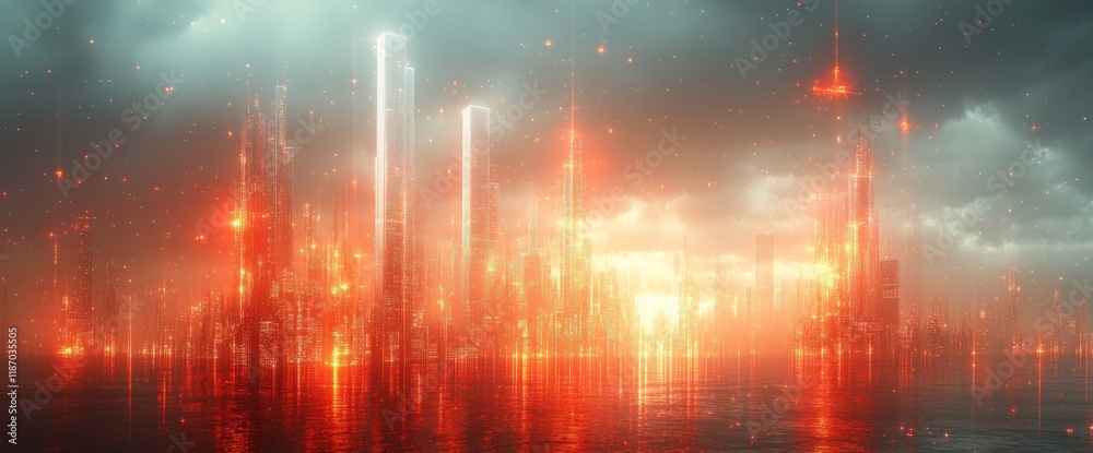Obraz premium Futuristic city skyline at night, fiery reflections on water, glowing skyscrapers.