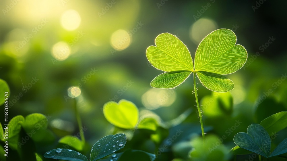 Illuminated Clover Leaf In Lush Green Meadow